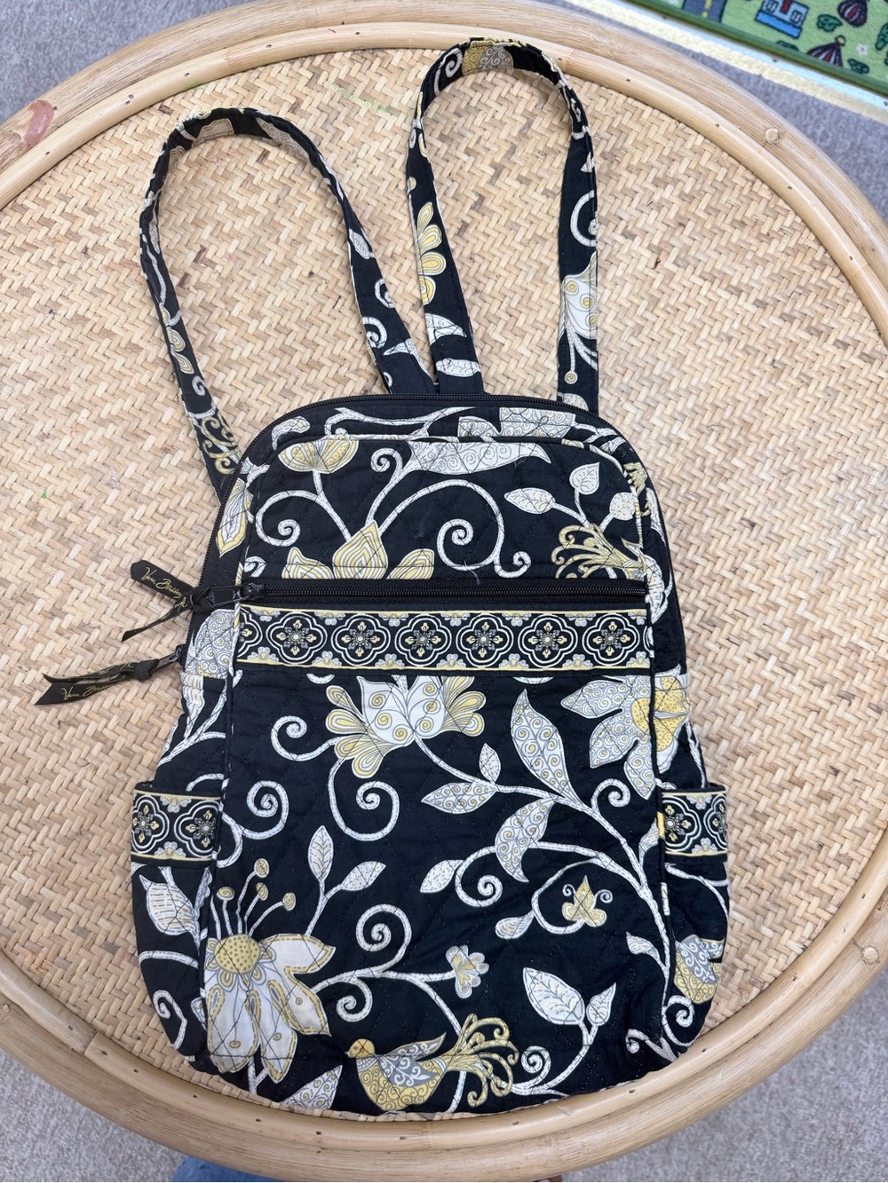 Vera Bradley Black Quilted Backpack with Cream and Gold Floral Print